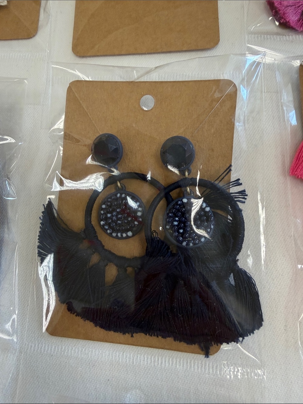 J. Crew Factory Navy fringe Earrings with Beaded Center